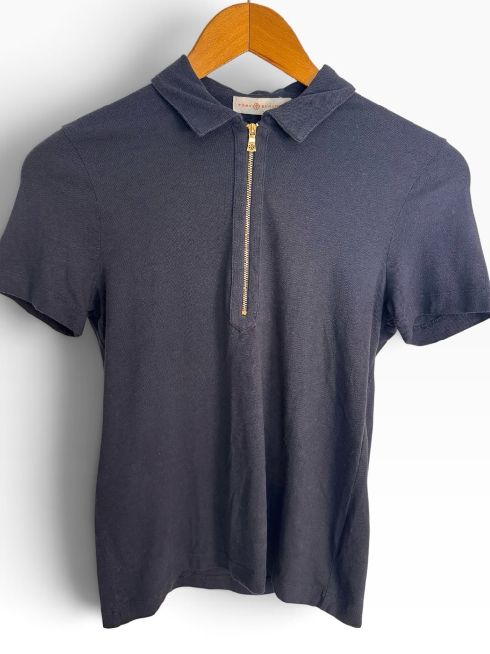 Tory Burch Navy Short-Sleeve Half-Zip Polo with Gold Zip